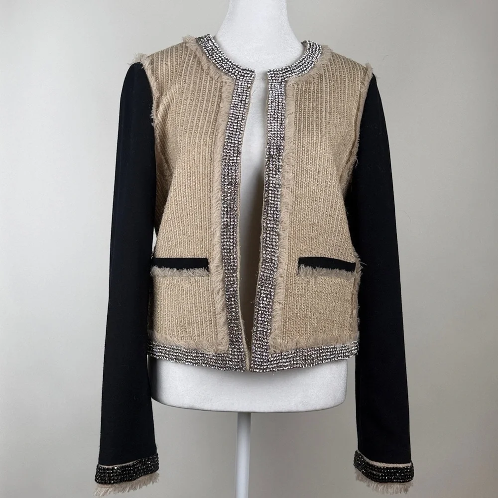 Tory Burch Sairy Bling Wool Tweed Jacket Black Tan Rhinestones Crystals Size 8
